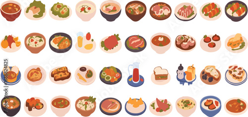 Assorted food dishes displayed in rows and columns illustration