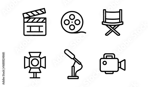 Film production elements: linear icons of clapperboard, film reel, and camera equipment