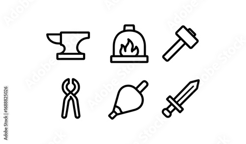 Set of linear blacksmith icons: anvil, forge, hammer, tools, and sword