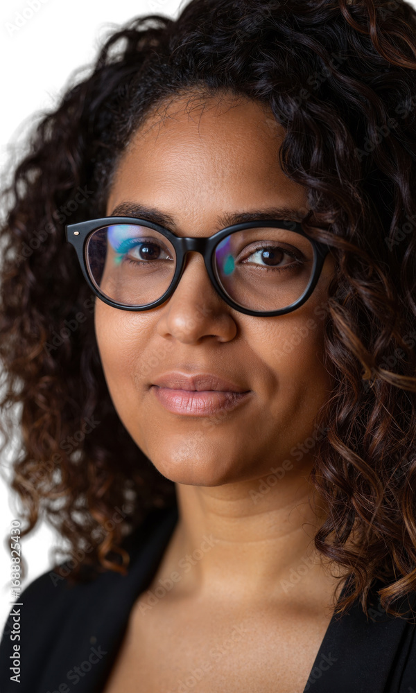 Obraz premium A Hispanic female leader with curly hair and oversized glasses, her face illuminated by a soft glow, symbolizing confidence, creativity