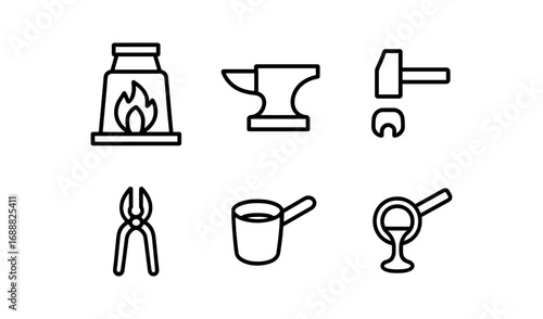 Blacksmith icons set: anvil, forge, and tools in minimalist linear style