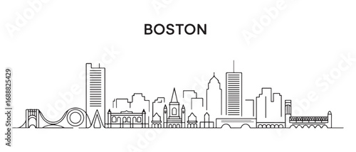 Boston Line Art skyline. Travel Boston famous landmarks. Business and tourism concept for presentation, banner, web site. with white background