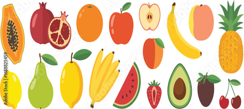 A collection of various colorful fruits arranged on a white background