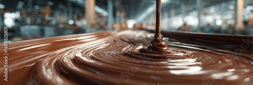 Chocolate flows smoothly in a confectionery factory during the day, showcasing the rich texture and color of melted cocoa