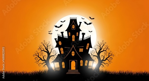 Spooky haunted house silhouette against full moon invites Halloween chills and thrills, perfect for seasonal promotions