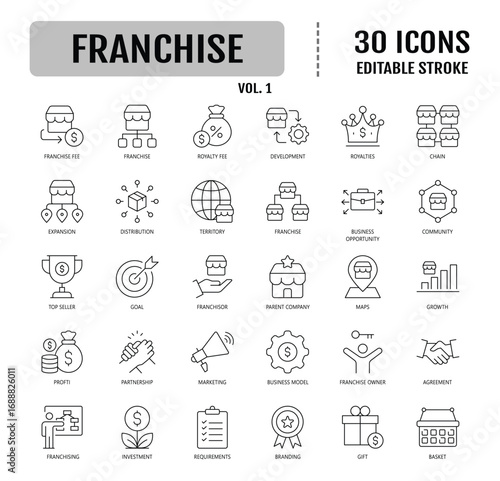 Franchise Line Icon Set. Containing franchisee, license, royalties, chain, expansion, and more.  Editable stroke. Vector illustration