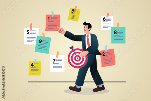 A concept of business planning and project management. A businessman follows a to-do list or schedule, carrying a target to symbolize executing a strategy to achieve a goal.