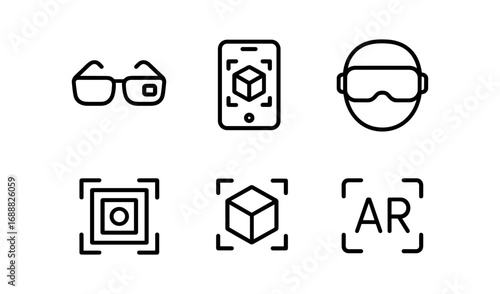 Augmented reality icons: glasses, smartphone, and headset outlined technology symbols