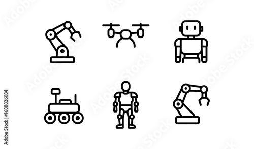 Minimalist robot and drone icons set with robotic arm and automation designs