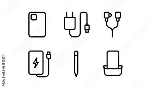Simple line icons of mobile accessories: charger, power bank, earphones, stylus