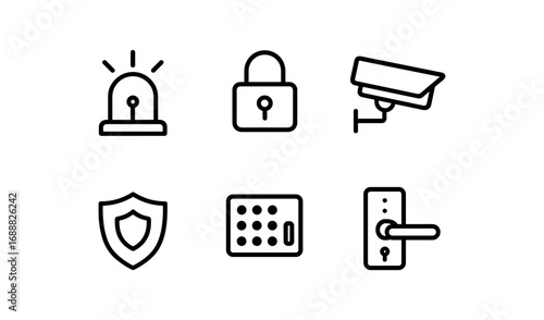 Minimalist security icons: surveillance, alarm, lock, shield, and more