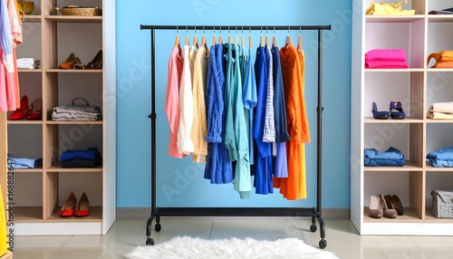 Colorful clothes on a rack in a stylish closet