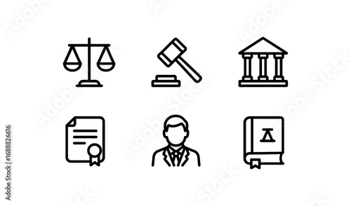Legal icons: justice, court, document, lawyer, book, and government symbols in linear style