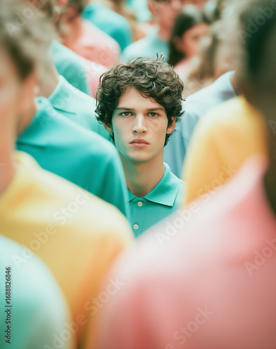 Young man standing out in a crowd of people wearing colorful pastel shirts. Conceptual portrait about individuality, uniqueness, and being different in society with creative visual style.