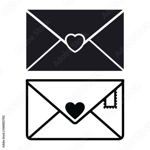 Dark silhouette and outline of envelopes with heart shapes and postage stamp mail letter