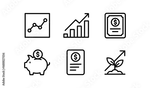 Minimalist finance icons: graphs, growth, investment, and savings