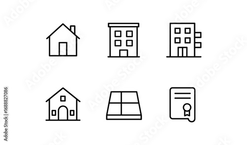 Minimalist linear icons of buildings, houses, and certificate design elements