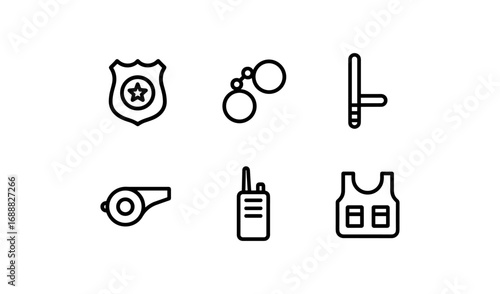 Law enforcement line icons: badge, handcuffs, baton, whistle, radio, vest
