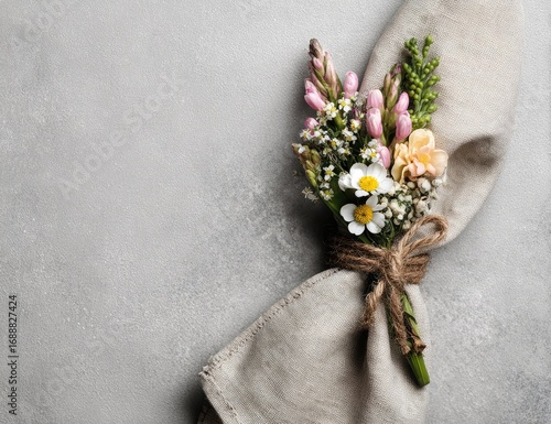 Delicate floral arrangement on a linen napkin