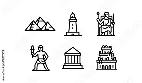 World wonders: linear style icons of ancient architectural marvels