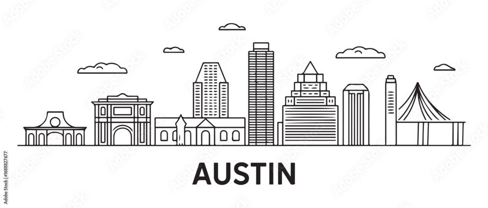 Fototapeta premium Austin Line Art skyline. Travel Austin famous landmarks. Business and tourism concept for presentation, banner, web site. with white background