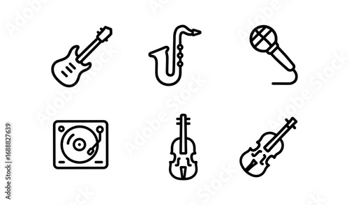 Linear music instrument icons: guitar, saxophone, microphone, turntable, violin