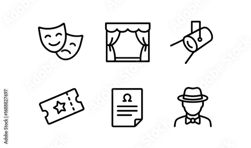 Theater icons set featuring masks, stage, and spotlight in minimal line style