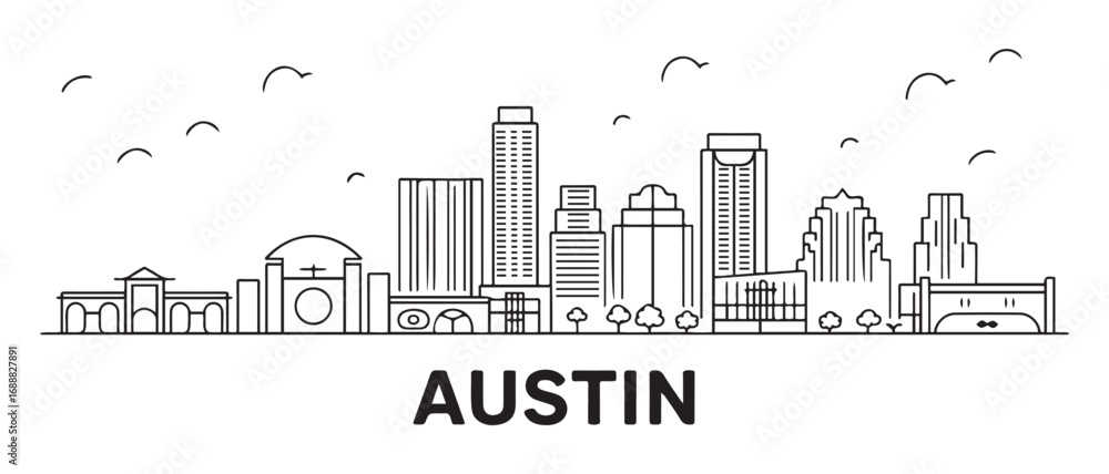 Fototapeta premium Austin Line Art skyline. Travel Austin famous landmarks. Business and tourism concept for presentation, banner, web site. with white background