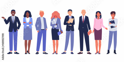 Diverse group of business professionals standing together in a line with folders and documents