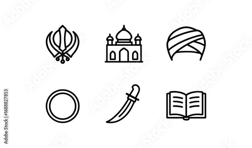 Sikh cultural symbols in line art: temple, turban, and sword icons