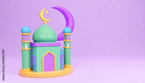 Colorful 3D mosque illustration with crescent moon