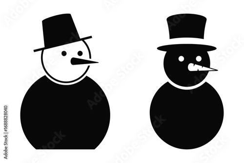 Two black and white snowman icons wearing top hats on a white background winter