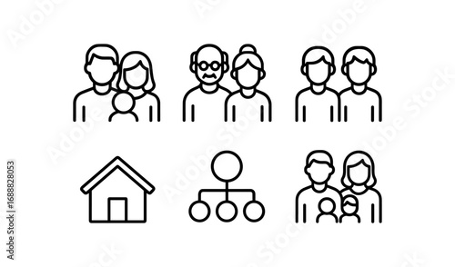 Family structures icon set: minimalist line art of generations and connections