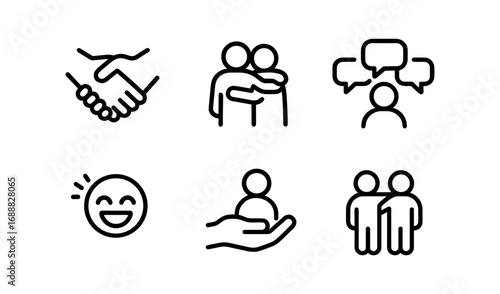 Simple linear icons of communication, partnership, friendship, and support