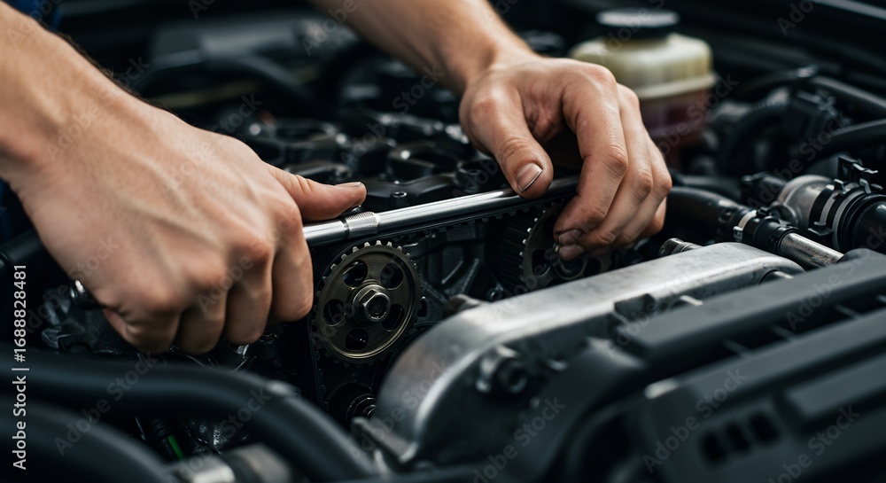 Mechanic's Hands Working on Car Engine, Repairing Timing Belt, Close-up View.