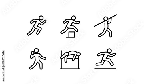 Athletic icons set featuring running, jumping, and throwing in minimalist line art style