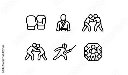 Martial arts and combat sports icons set in simple outline style