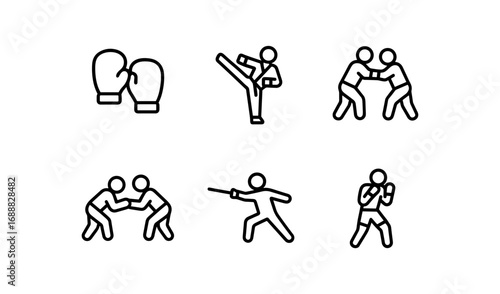 Martial arts line icons: boxing, karate, wrestling, fencing techniques