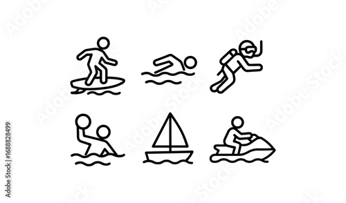 Outline icons of water sports activities with surfer, swimmer, diver, snorkeler, sailboat, jet ski