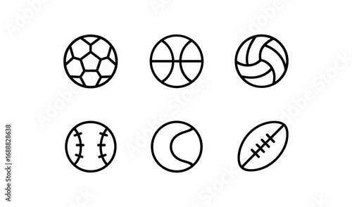 Set of black and white linear sports ball icons for football, basketball, volleyball, baseball