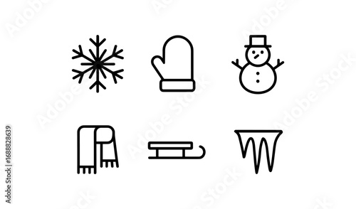 Minimalist winter icons: snowflake, mitten, snowman, scarf, sled, icicle