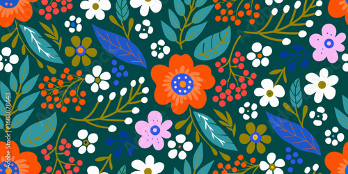 Vibrant folk art floral pattern with orange pink white flowers and berries on dark green background