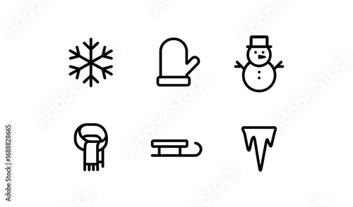 Minimalist winter icons: snowflake, mitten, snowman, scarf, sled, icicle