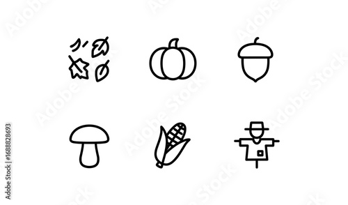 Minimalist autumn icons set featuring pumpkin, acorn, mushroom, and scarecrow designs