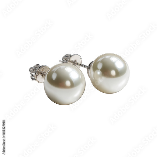 Elegant pearl stud earrings with silver backing isolated on transparent background.