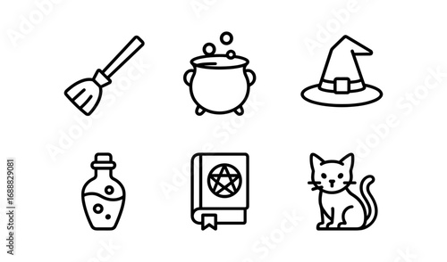 Simple halloween icons: witch hat, broom, potion, and black cat in minimalist style