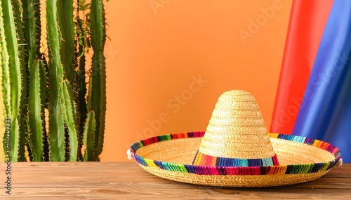 Colorful sombrero on wooden table
