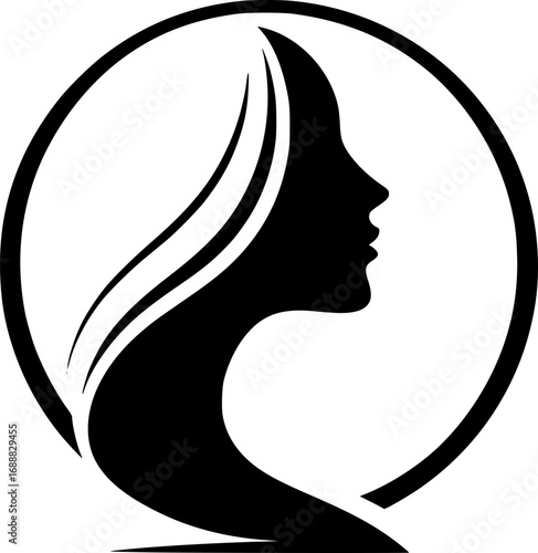Minimalist black and white vector icon of a woman’s side face in simple art style, clean lines, modern, scalable, perfect for logos or stickers.