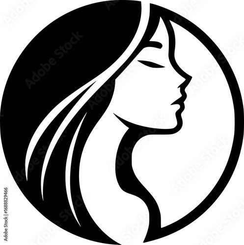 Minimalist black and white vector icon of a woman’s side face in simple art style, clean lines, modern, scalable, perfect for logos or stickers.