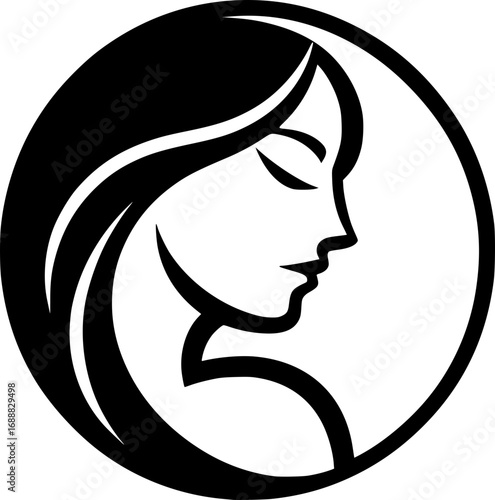 Minimalist black and white vector icon of a woman’s side face in simple art style, clean lines, modern, scalable, perfect for logos or stickers.